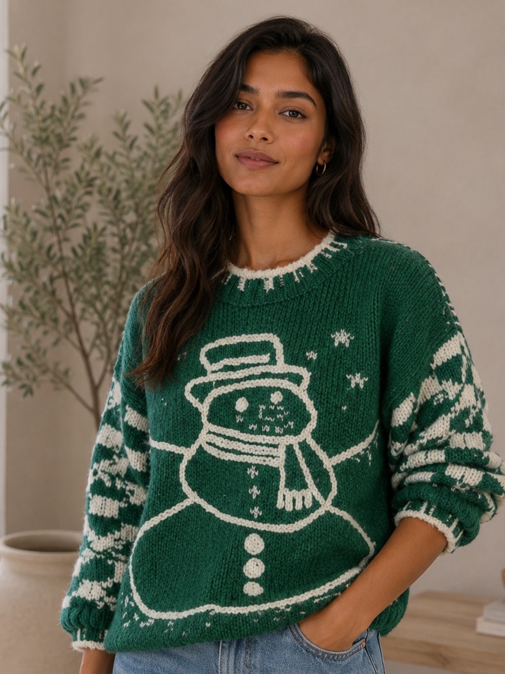 398. POL Women's Green Snowman Embroidery Sweater with Plaid Sleeves